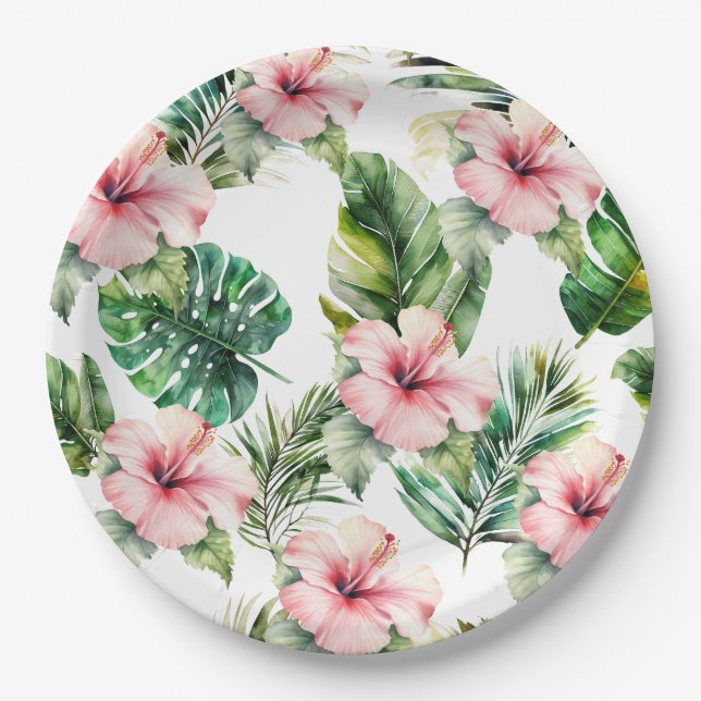 Tropical Pink Hibiscus Flowers Paper Plate (Front)
