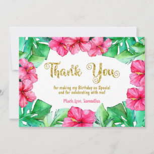 Tropical Pink Hibiscus Glitter Birthday Thank You  Card