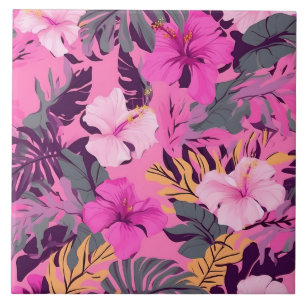 Tropical Pink Hibiscus - Leafy Floral Design Ceramic Tile