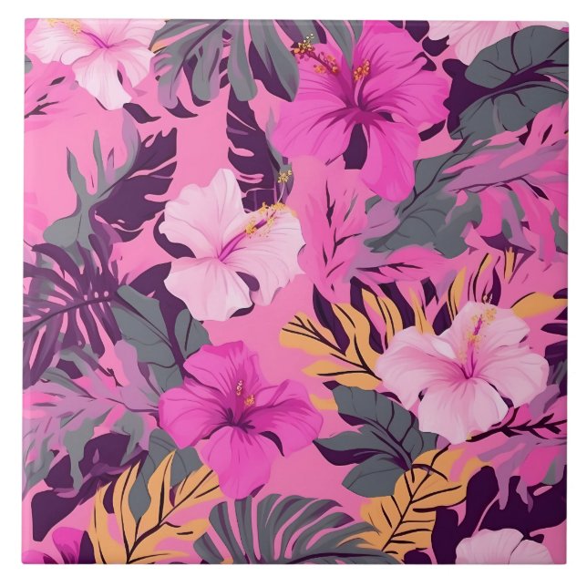 Tropical Pink Hibiscus - Leafy Floral Design Ceramic Tile (Front)