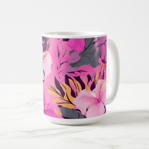 Tropical Pink Hibiscus - Leafy Floral Design Coffee Mug