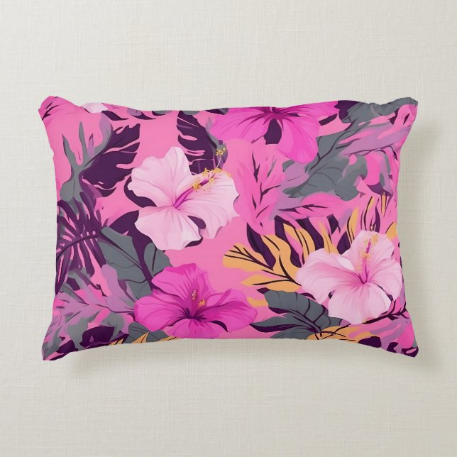 Tropical Pink Hibiscus - Leafy Floral Design Decorative Cushion (Front)