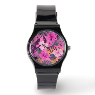 Tropical Pink Hibiscus - Leafy Floral Design Watch