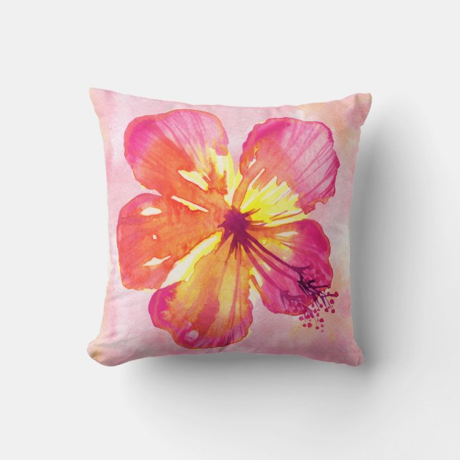 Tropical Pink Hibiscus on Abstract Watercolor Cushion (Front)