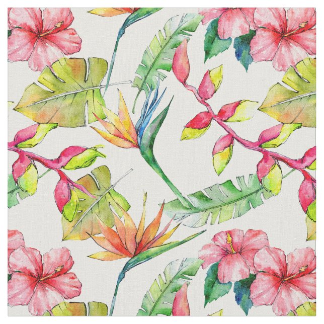 Tropical Pink Hibiscus Palm Leaves White Pattern Fabric (Close Up)