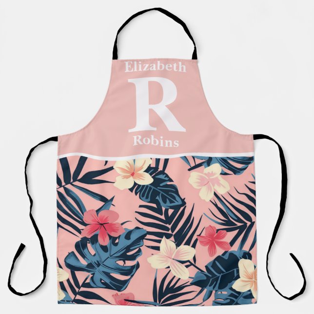 Tropical pink hibiscus personalised  apron (Front)