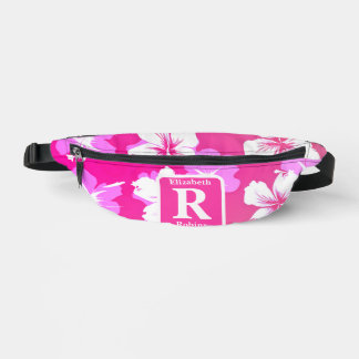 Tropical pink hibiscus personalised Monogram Bum Bags