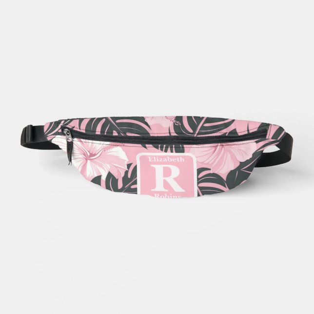 Tropical pink hibiscus personalised Monogram  Bum Bags (Front)