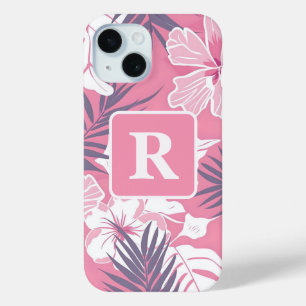 Tropical pink hibiscus personalised Monogram iPhone 15 Case