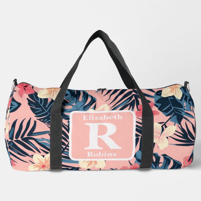 Tropical pink hibiscus personalised Monogram  Duffle Bag (Front)