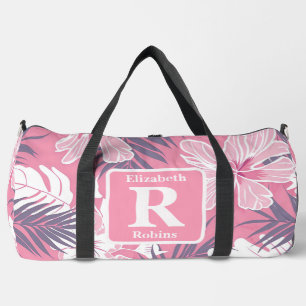 Tropical pink hibiscus personalised Monogram  Duffle Bag