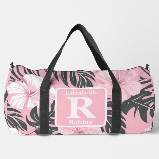 Tropical pink hibiscus personalised Monogram  Duffle Bag (Front)