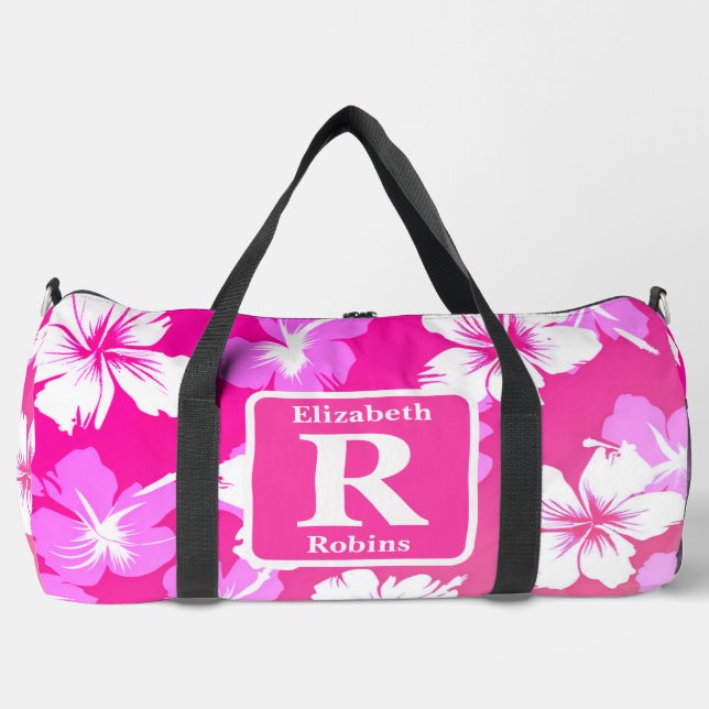 Tropical pink hibiscus personalised Monogram  Duffle Bag (Front)