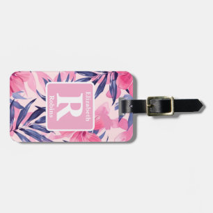 Tropical pink hibiscus personalised Monogram Luggage Tag