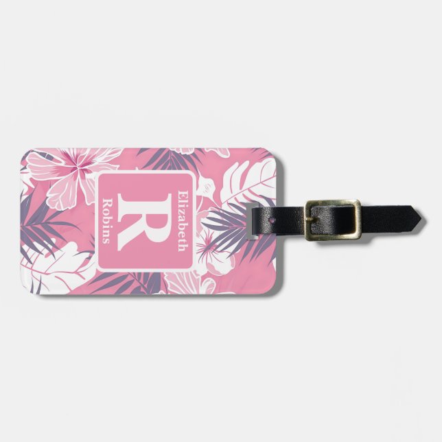 Tropical pink hibiscus personalised Monogram Luggage Tag (Front Horizontal)