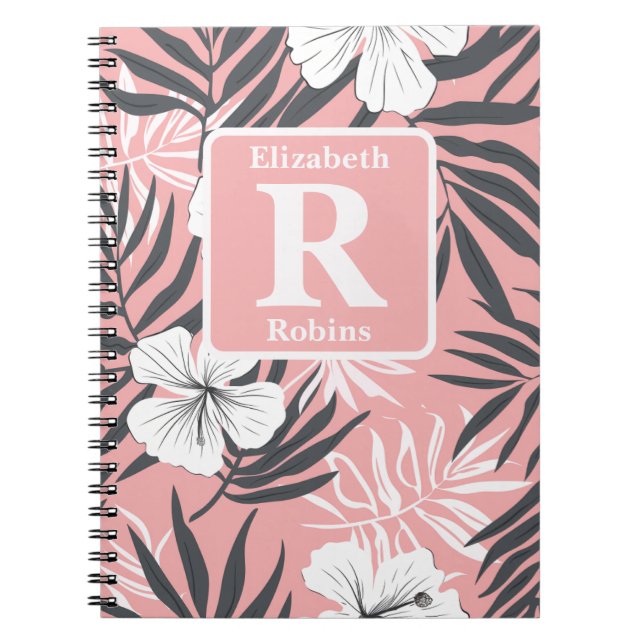 Tropical pink hibiscus personalised Monogram Notebook (Front)