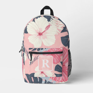 Tropical pink hibiscus personalised Monogram Printed Backpack
