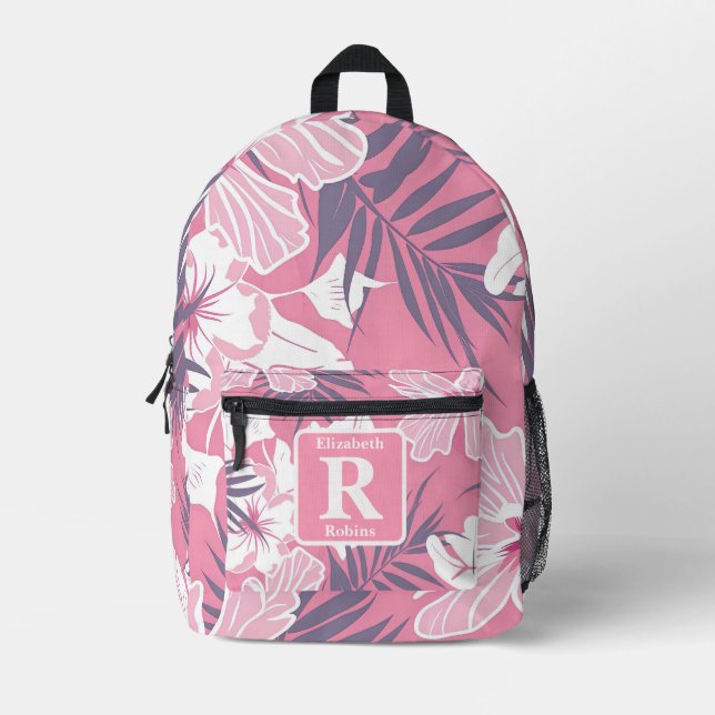 Tropical pink hibiscus personalised Monogram  Printed Backpack (Front)