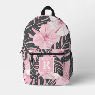 Tropical pink hibiscus personalised Monogram  Printed Backpack
