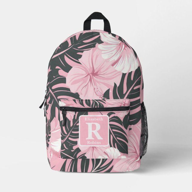 Tropical pink hibiscus personalised Monogram  Printed Backpack (Front)