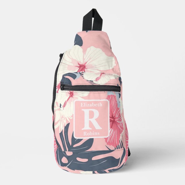 Tropical pink hibiscus personalised Monogram  Sling Bag (Front)