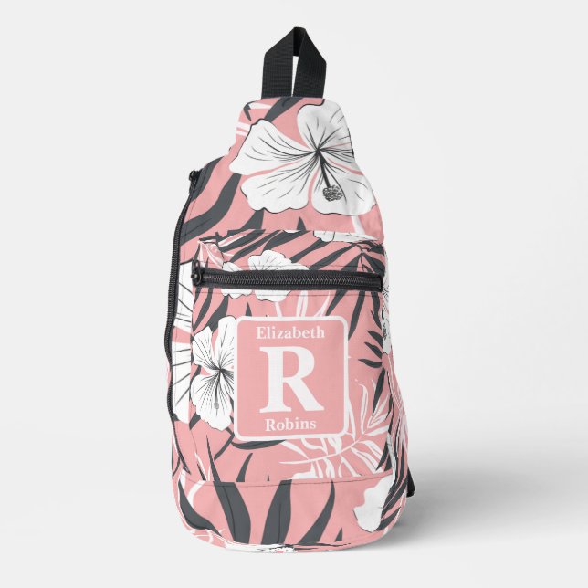 Tropical pink hibiscus personalised Monogram  Sling Bag (Front)