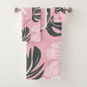 Tropical pink Hibiscus personalized Monogram Bath Towel Set