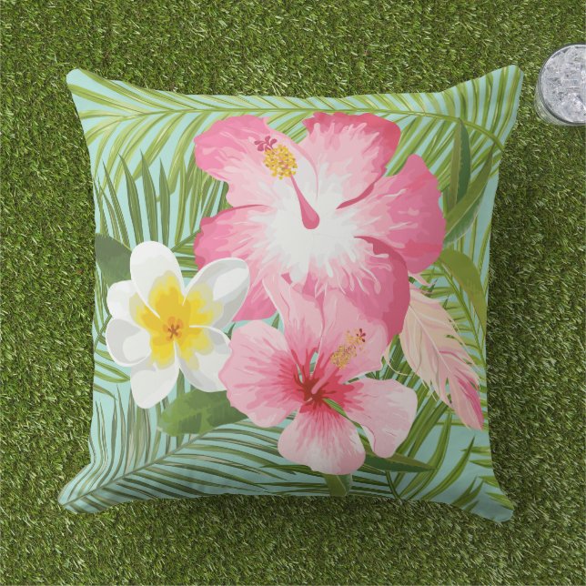 Tropical Pink Hibiscus Plumeria Palm Cushion (Grass)