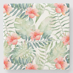 Tropical Pink Hibiscus Watercolor Flowers Stone Coaster