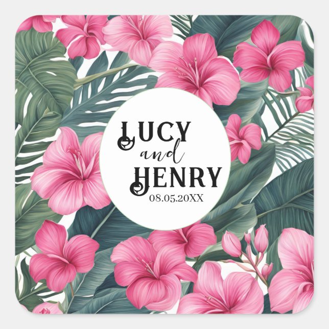 Tropical Pink Holiday Floral Print Wedding Square Sticker (Front)