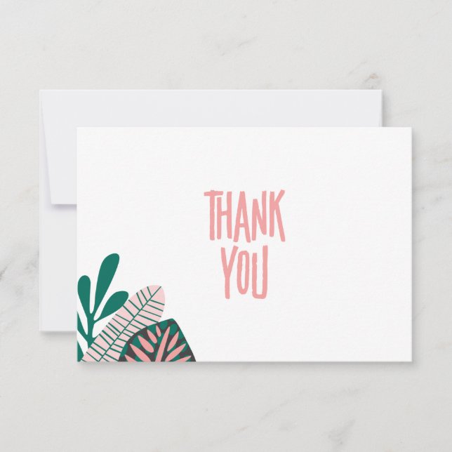 Tropical Pink Leaves Baby Shower Thank You Card (Front)