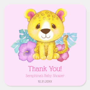 Tropical Pink Leopard Baby Shower Thank You Square Sticker