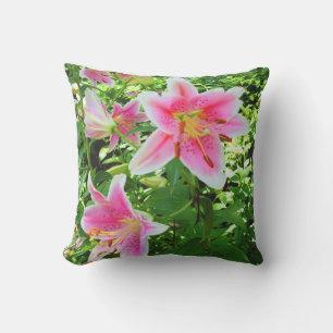Tropical Pink Lilies and Green Leaves Cushion