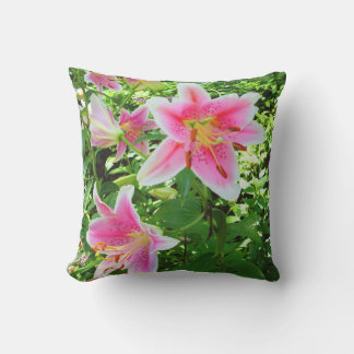 Tropical Pink Lilies and Green Leaves Cushion