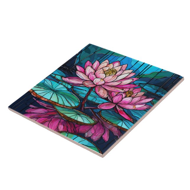 tropical Pink lotus 1 stained glass art Ceramic Tile (Side)