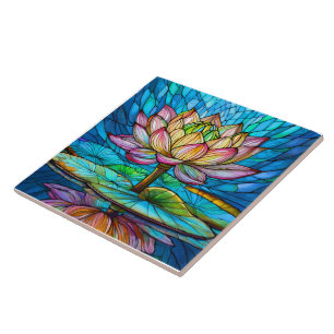 tropical Pink lotus 2 stained glass art Ceramic Tile