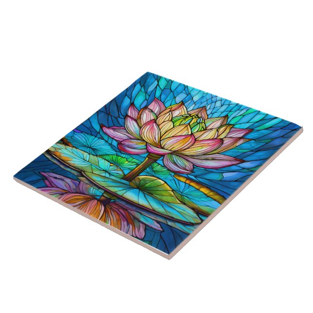 tropical Pink lotus 2 stained glass art Ceramic Tile (Side)