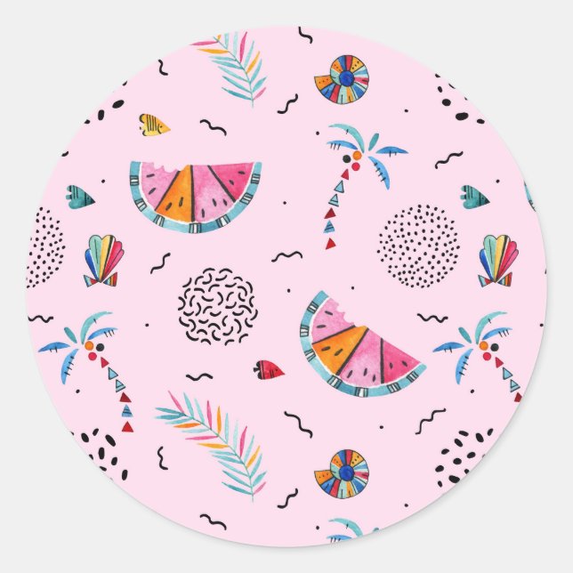Tropical Pink Memphis Style Pattern Classic Round Sticker (Front)