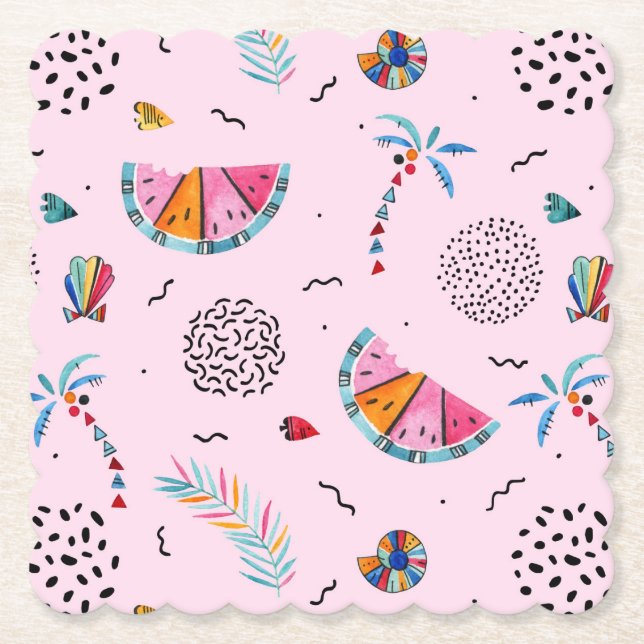 Tropical Pink Memphis Style Pattern Paper Coaster (Front)