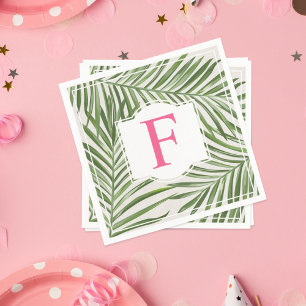 Tropical Pink Monogram Green Palm Leaves Napkin