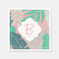 Tropical Pink Monogram Green Palm Leaves Napkins