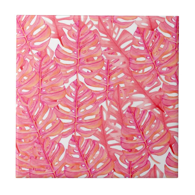 Tropical Pink Monstera Plant Leaves Ceramic Tile (Front)