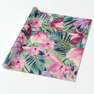 Tropical pink navy blue aqua gold modern floral wrapping paper