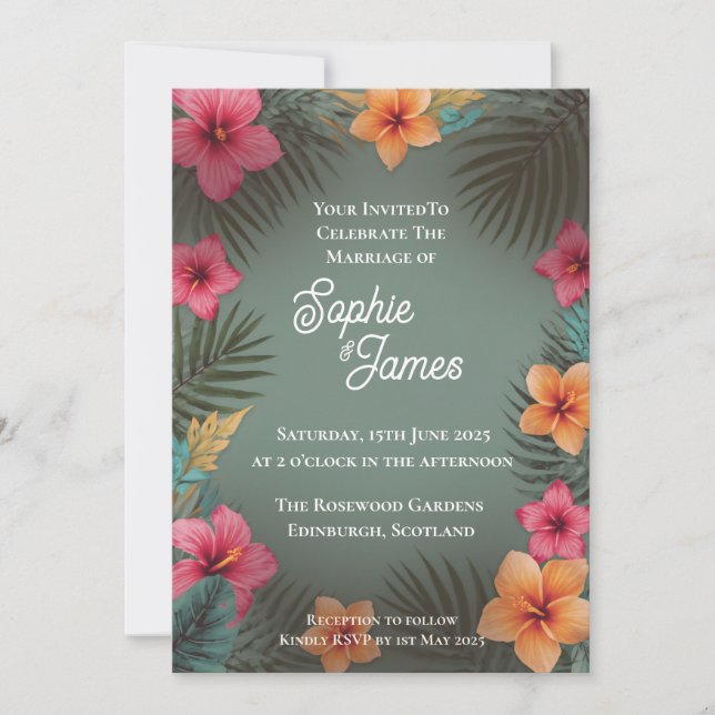 Tropical Pink Orange Hibiscus Dark Green Wedding Invitation (Front)
