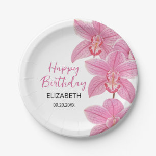 Tropical Pink Orchid Flower Happy Birthday Paper Plate