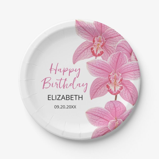 Tropical Pink Orchid Flower Happy Birthday Paper Plate (Front)