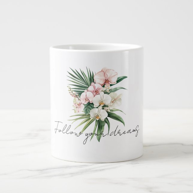 Tropical Pink Orchid Flowers Large Coffee Mug (Front)