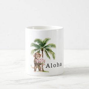 Tropical Pink Orchid Flowers Monkey Aloha Coffee Mug