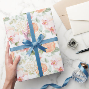 Tropical Pink Orchids Peach Grapefruit Birthday Wrapping Paper