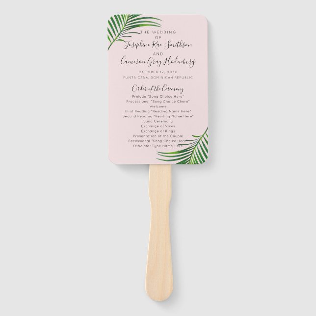 Tropical Pink Palm Leaves Beach Wedding Program Hand Fan (Front)